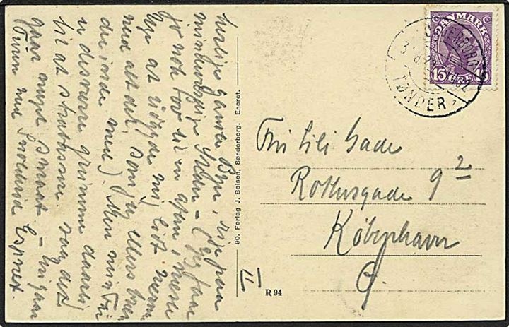 15 øre Chr. X på brevkort fra Tønder annulleret med bureaustempel Sønderborg - Tønder sn1 T.1402 d. 31.8.1922 til København.