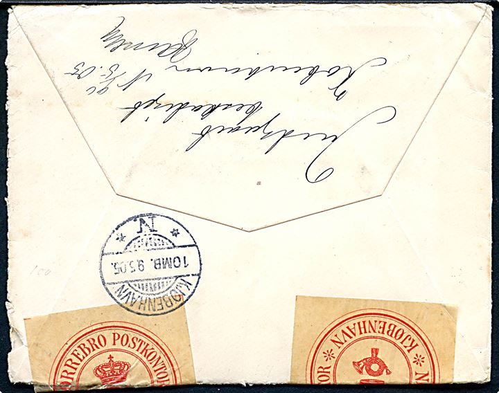 10 øre Chr. IX på beskadiget brev fra Slagelse 1905 til København. Lukket med oblater fra Nørrebro Postkontor * Kjøbenhavn * d. 9.5.1905.