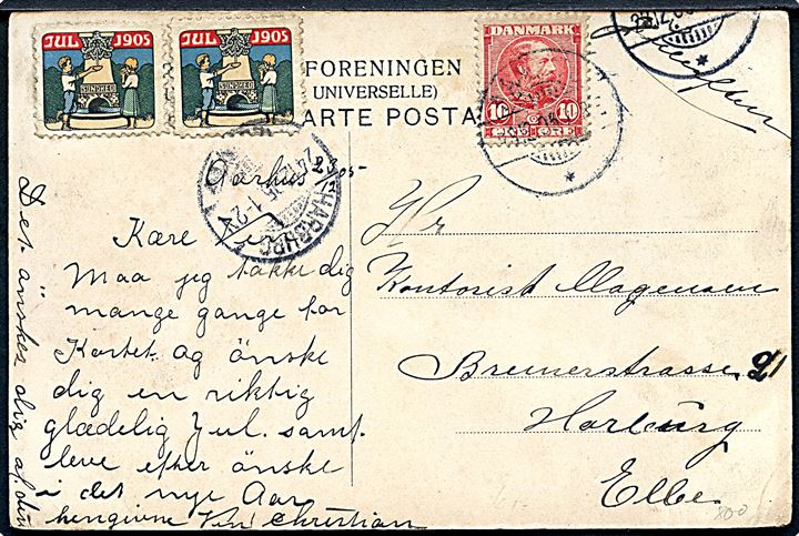 10 øre Chr. IX og Julemærke 1905 (2) på brevkort (Aarhus, Sommerdag ved Molen, Ebbesen no. 191) fra Aarhus d. 23.12.1905 til Harburg, Tyskland.