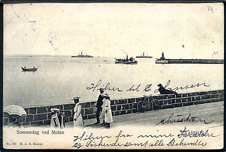 10 øre Chr. IX og Julemærke 1905 (2) på brevkort (Aarhus, Sommerdag ved Molen, Ebbesen no. 191) fra Aarhus d. 23.12.1905 til Harburg, Tyskland.