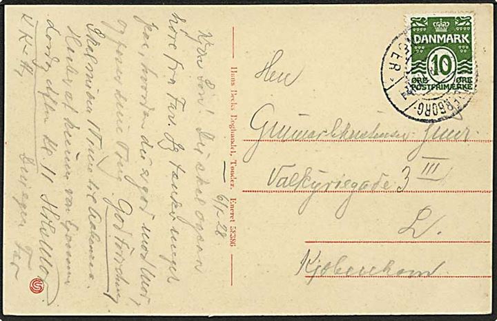 10 øre Bølgelinie på brevkort fra Tønder annulleret med bureaustempel Sønderborg - Tønder sn1 T.1421 d. 6.1.1928 til København.