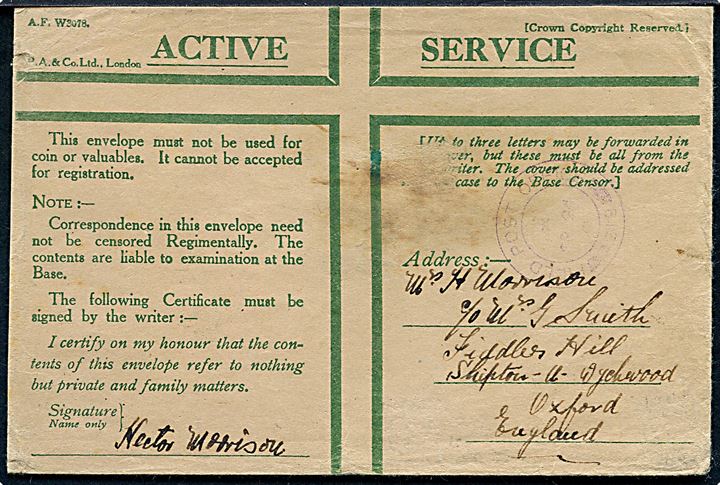 British honour kuvert med violet feltpoststempel Field Post Office 219 (= Thorshavn) d. 24.9.1941 til Oxford, England.