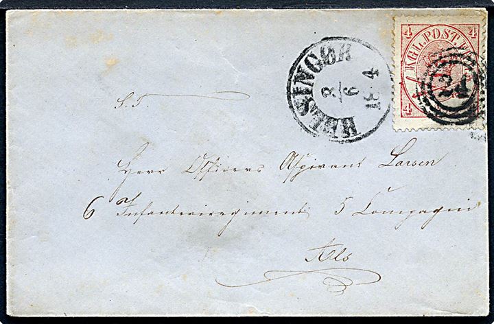 4 sk. Krone/Scepter på brev annulleret med nr.stempel 24 og sidestemplet antiqua Helsingør d. 8.6.1864 til officer i 6. Infanteriregiment på Als. Sendt under 1. våbenhvile.