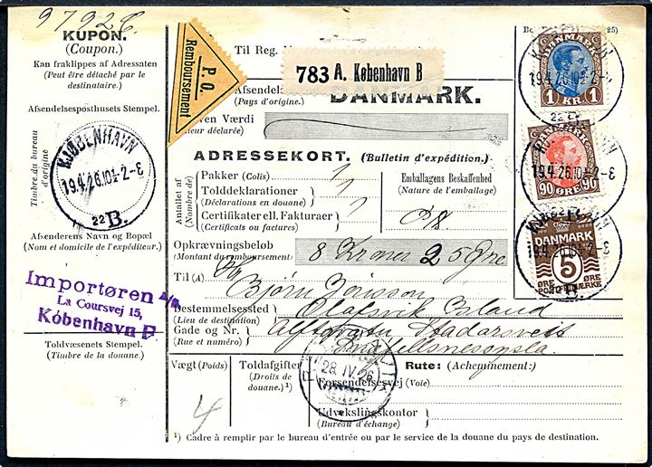 5 øre Bølgelinie, 90 øre og 1 kr. Chr. X på 195 øre frankeret internationalt adressekort for pakke med opkrævning fra Kjøbenhavn d. 19.4.1926 via Reykjavik til Olofsvik, Island.