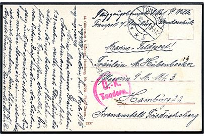 Ufrankeret Marine-feldpost brevkort stemplet Tondern d. 1.12.1916 til Hamburg. Sendt fra Flugzeug Obermatr. d. Res., Transport n. Flensburg Torpedoschule. Rødt censurstempel Ü.-K. Tondern.
