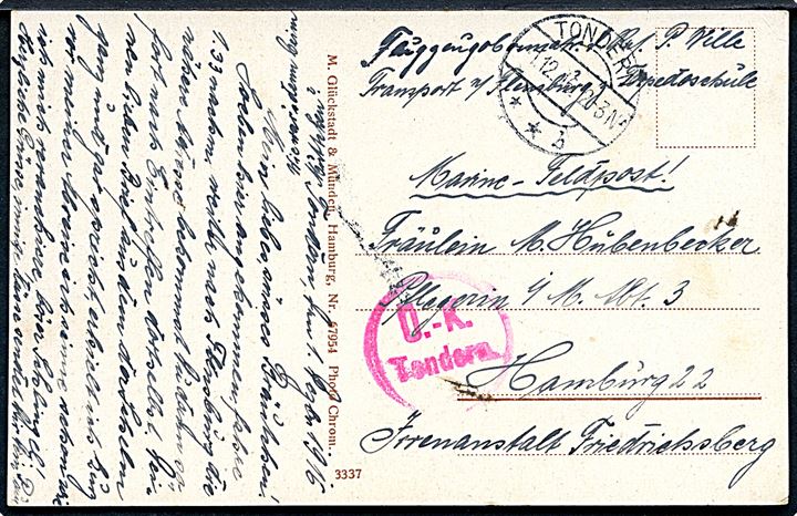 Ufrankeret Marine-feldpost brevkort stemplet Tondern d. 1.12.1916 til Hamburg. Sendt fra Flugzeug Obermatr. d. Res., Transport n. Flensburg Torpedoschule. Rødt censurstempel Ü.-K. Tondern.