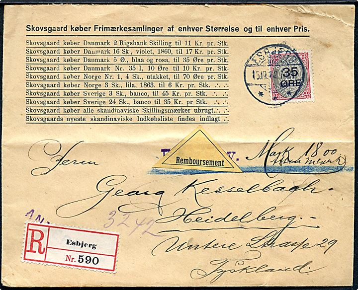 35/20 øre Provisorium single på anbefalet brev med opkrævning fra Esbjerg d. 15.10.1912 til Heidelberg, Tyskland.