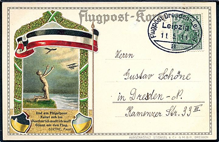 5 pfg. Germania på særligt 25 pfg. Flugpost-karte annulleret Flugpost Dresden-Leipzig / Leipzig a d. 11.5.1914 til Dresden.