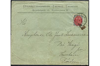 8 øre Tofarvet på brev fra Kjøbenhavn d. 7.7. (1890'erne) via Thorshavn til Bø på Vaagø. På bagsiden lapidar transitstempel fra Thorshavn. 