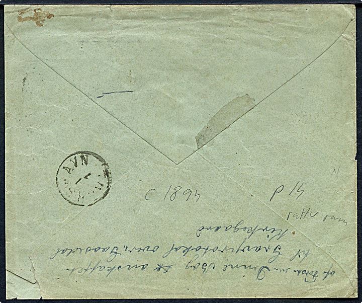 8 øre Tofarvet på brev fra Kjøbenhavn d. 7.7. (1890'erne) via Thorshavn til Bø på Vaagø. På bagsiden lapidar transitstempel fra Thorshavn. 
