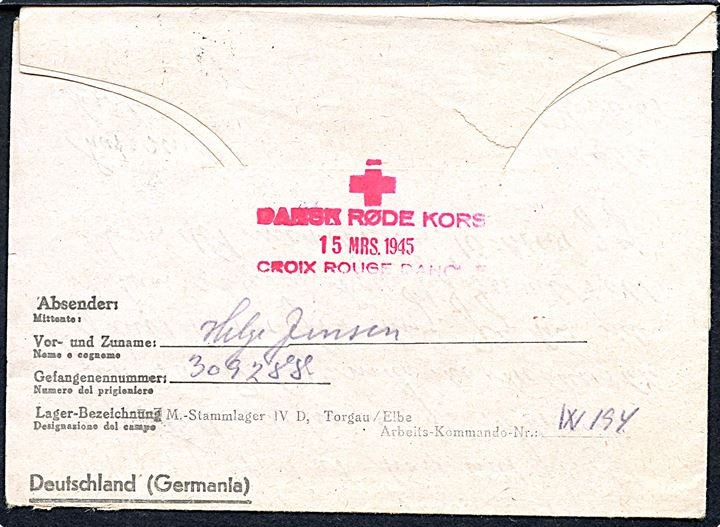 Krigsfange dobbelt foldebrev fra dansk politimand, Helge Jensen, indsat i krigsfangelejr Stalag IVD Torgau med stumt stempel d. 8.3.1945 sendt via Dansk Røde Kors d. 15.3.1945 til København. Violet lejrcensur. Ubenyttet vedhængende svardel.