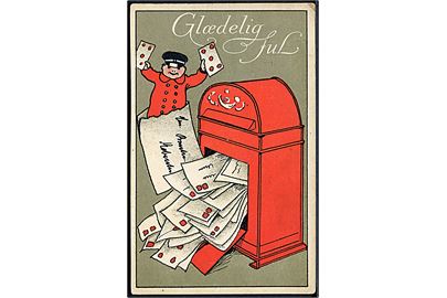 Ukendt Kunstner: Glædelig Jul. Breve vælter ud ad postkassen. Postbud i den ene kuvert. Alex Vincents, serie 5 / 6. (Anvendt 24.12.13).