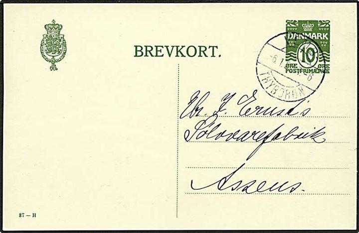 10 øre helsagsbrevkort (fabr. 87-H) fra Lemvig annulleret med bureaustempel Vemb - Thyborøn T.6 d. 6.1.1928 til Assens.