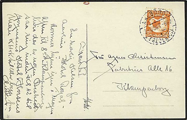 10 øre H.C.Andersen på brevkort fra Aarhus annulleret med bureaustempel Aalborg - * Fredericia T.962 d. 2.6.1936 til Klampenborg.