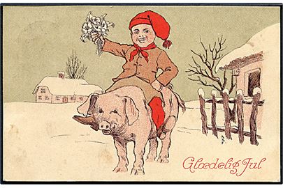 Jens Peter Bie: Glædelig Jul. Nisse sidder på gris. H. Chr. P. u/no. 