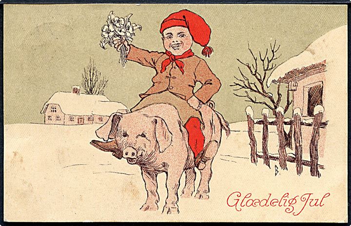 Jens Peter Bie: Glædelig Jul. Nisse sidder på gris. H. Chr. P. u/no. 