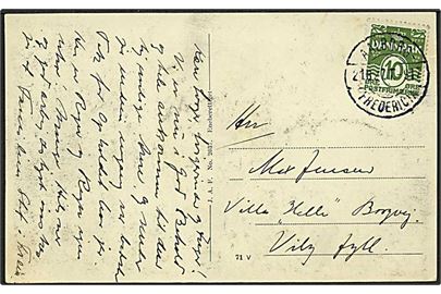 10 øre Bølgelinie på brevkort (Fredericia - Hyby Lund) annulleret med bureaustempel Aalborg - Fredericia T917 d. 21.8.1927 til Viby.