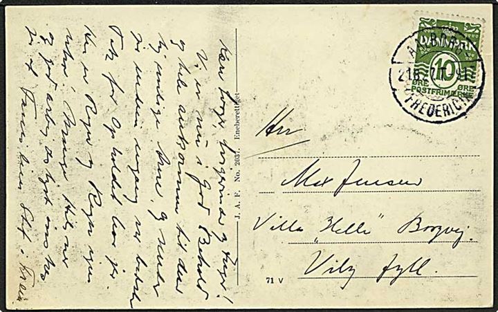 10 øre Bølgelinie på brevkort (Fredericia - Hyby Lund) annulleret med bureaustempel Aalborg - Fredericia T917 d. 21.8.1927 til Viby.