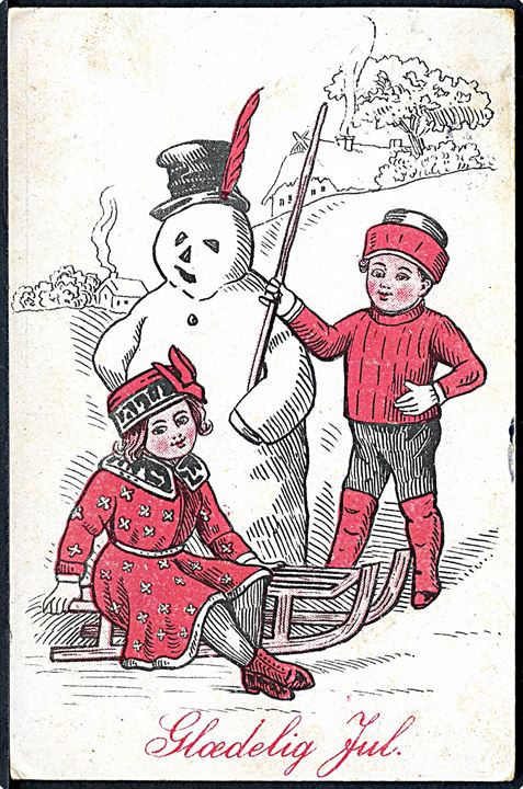 Glædelig Jul. Pige, dreng og snemand. H. Chr. P. u/no. 