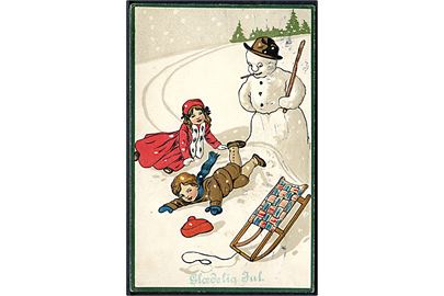 Glædelig Jul. Børn faldt af slæden ved snemand. Prægekort serie 205. 
