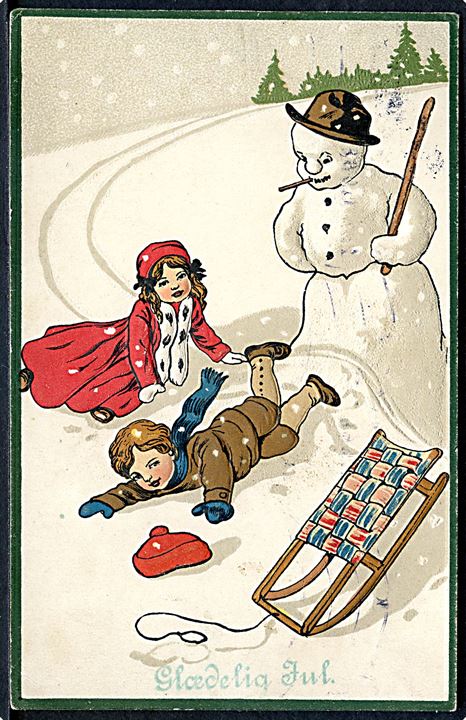 Glædelig Jul. Børn faldt af slæden ved snemand. Prægekort serie 205. 