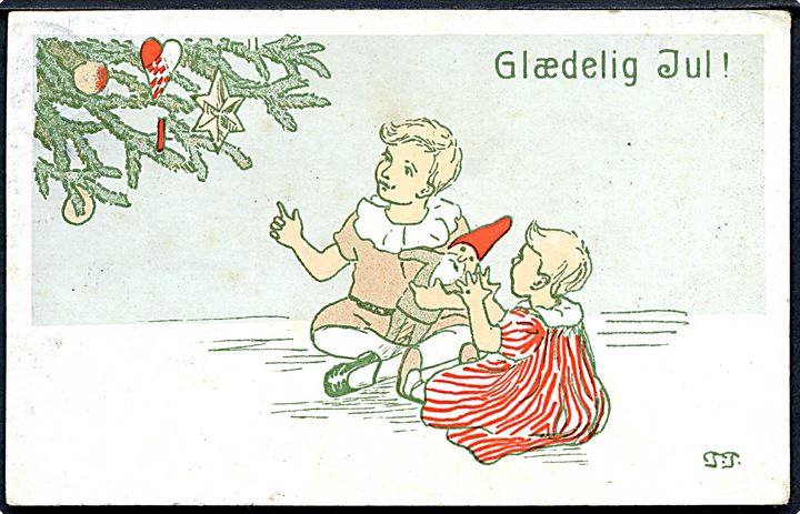 Thyra Tønder Erichsen: Glædelig Jul. Børn med en nisse dukke. H. A. serie 700. 