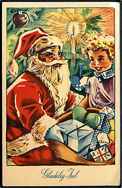 Axe Djervad: Glædelig Jul. Julemanden iført rød kåbe med sækken fuld af gaver. Barn står ved siden af. Rudolf Olsens Kunstforlag u/no. 