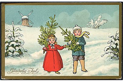 Ukendt Kunstner. Glædelig Jul. Børn med juletræer. Mølle ses i baggrunden. Alex Vincents, serie 29 / 5. 