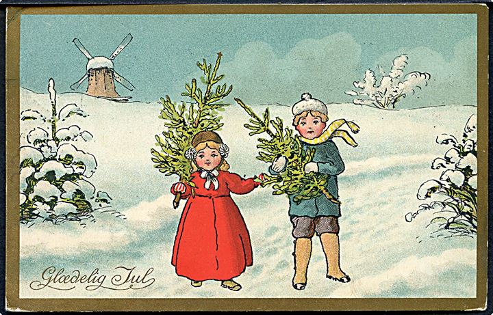 Ukendt Kunstner. Glædelig Jul. Børn med juletræer. Mølle ses i baggrunden. Alex Vincents, serie 29 / 5. 