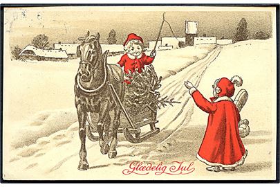 Ukendt Kunstner: Glædelig Jul. Piger, hest, juletræ og kane. Alex Vincents, serie 43 / 4. 