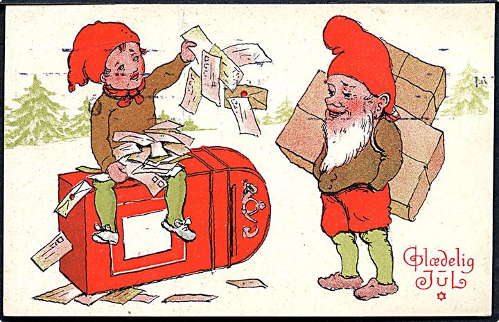 Ukendt Kunstner: Glædelig Jul. Nisse sidder på væltet postkasse. Alex Vincents, serie 68 / 1. (Anvendt 24.12.15).  