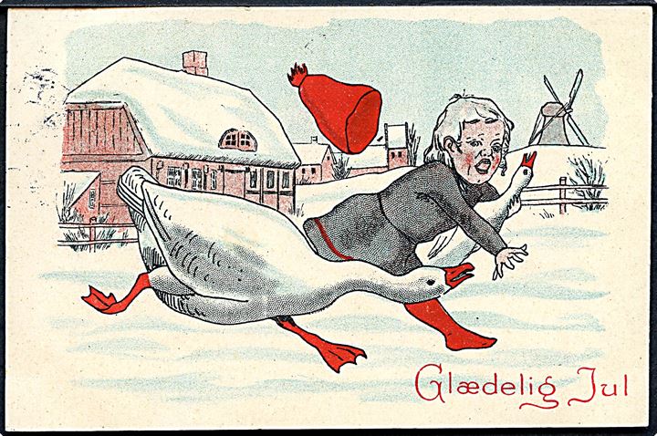 Ludvig Møgelgaard: Glædelig Jul. Nisse og gås. Mølle ses i baggrunden. Alex Vincents, serie 315 / 1. (Anvendt 24.12.11). 
