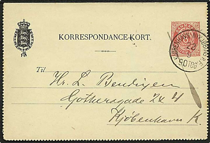 8 øre helsagskorrespondancekort dateret Skjørringe og annulleret med lapidar bureaustempel Kjøbenhavn - Nykjøbing p.F. 90 TOG d. 22.9.1890 til København.