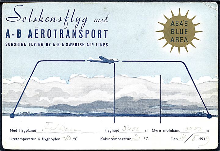 10 øre Bølgelinie på ABA Solskensflyg reklamekort skrevet ombord på Falken i 3450 m. højde annulleret med brotype IId København Lufthavn d. 14.5.1939 til Stockholm, Sverige.