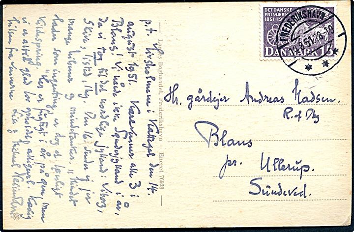 15 øre Postjubilæum på brevkort (Hirsholmene fyr) dateret på Hirsholmene d. 14.8.1951 og annulleret Frederikshavn d. 14.8.1951 til Blans pr. Ullerup.