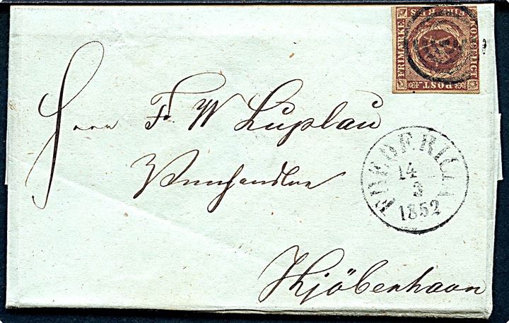 4 R.B.S. Ferslew på brev annulleret med stumt stempel og sidestemplet antiqua Fredericia d. 14.3.1852 til Kjøbenhavn.