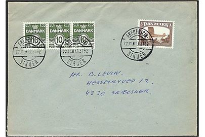 10 øre Bølgelinie i 3-stribe og 1 kr. Botved-flyvning på brev annulleret med bureaustempel Fredericia - Struer T.3762 d. 22.11.1981 til Skælskør.