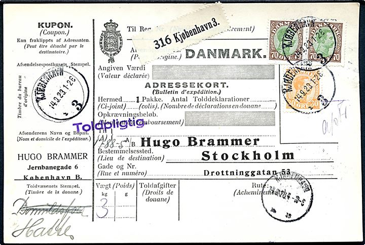 30 øre og 70 øre (par) Chr. X på 170 øre frankeret internationalt adressekort for pakke fra Kjøbenhavn d. 14.9.1923 til Stockholm, Sverige. Påskrevet: Afs. Fr..