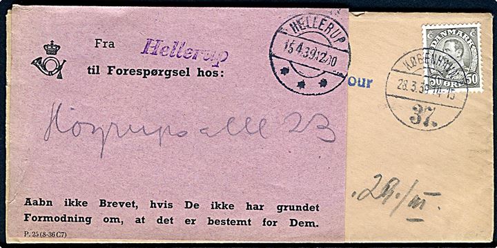 50 øre Chr. X på luftpostbrev fra København d. 28.3.1939 til Stuttgart, Tyskland. Retur med tysk 2-sproget etiket Abgereist ohne Angabe der Adresse og forespurgt ved Hellerup postkontor. 