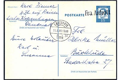 Tysk 15 pfg. helsagsbrevkort annulleret med skibsstempel Fra Anholt og sidestemplet København d. 11.6.1965 til Buxtehude, Tyskland.
