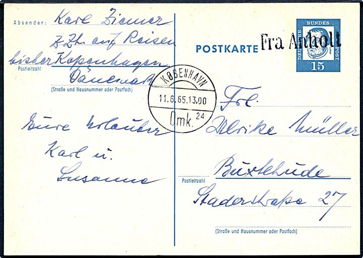 Tysk 15 pfg. helsagsbrevkort annulleret med skibsstempel Fra Anholt og sidestemplet København d. 11.6.1965 til Buxtehude, Tyskland.