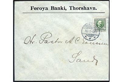 5 øre Fr. VIII på fortrykt kuvert fra Føroya Banki annulleret med brotype Ig Thorshavn d. 26.1.1911 til Sand.