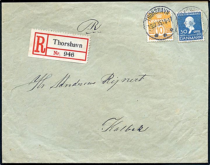 10 øre Bølgelinie og 30 øre H. C. Andersen på anbefalet brev fra Solmundefjord stemplet Thorshavn d. 19.12.1935 til Kalbek. 