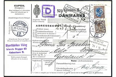 20 øre og 1 kr. Chr. X med perfin V. på 120 øre frankeret internationalt adressekort for pakke fra Blyantfabriken Viking i København d. 23.1.1926 til Oslo, Norge.