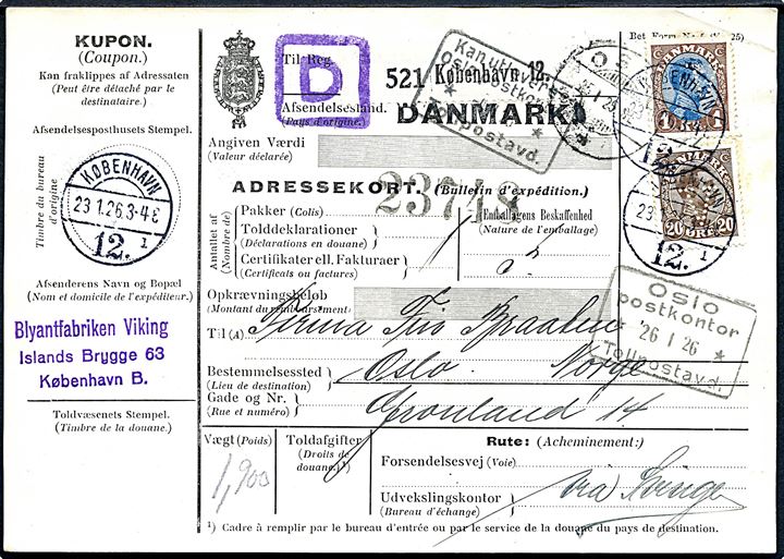 20 øre og 1 kr. Chr. X med perfin V. på 120 øre frankeret internationalt adressekort for pakke fra Blyantfabriken Viking i København d. 23.1.1926 til Oslo, Norge.