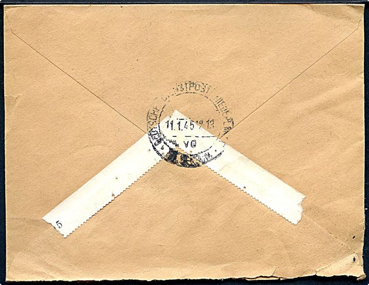 10 pfg. Hitler (5) på anbefalet brev stemplet Haag / Deutsche Dienstpost Niederlande d. 7.1.1945 til Soldatensender Nord-West i Hilversum. Sendt fra feldpost M26228D (= Marine-Flak-Abteilung 813) MPA Amsterdam. 
