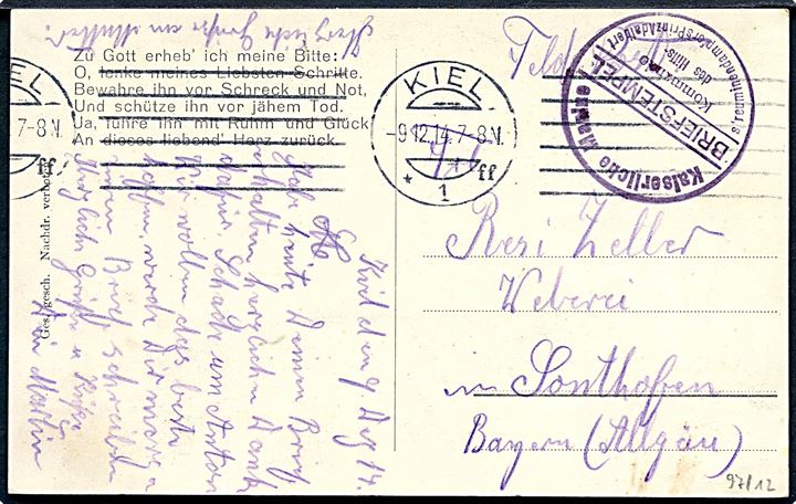 Ufrankeret marinepostkort stemplet Kiel d. 9.12.1914 til Bayern. Briefstempel fra Kommando des Hilfsstreuminendampfer Prinz Adalbert - tidl. postdampskib på ruten Korsør - Kiel.