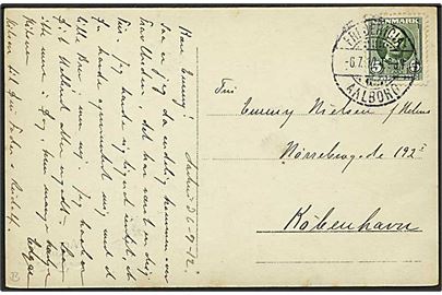 5 øre Fr. VIII på brevkort fra Aarhus annulleret med bureaustempel Fredericia - Aalborg T.984 d. 6.7.1912 til København.