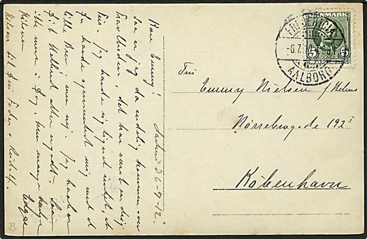 5 øre Fr. VIII på brevkort fra Aarhus annulleret med bureaustempel Fredericia - Aalborg T.984 d. 6.7.1912 til København.
