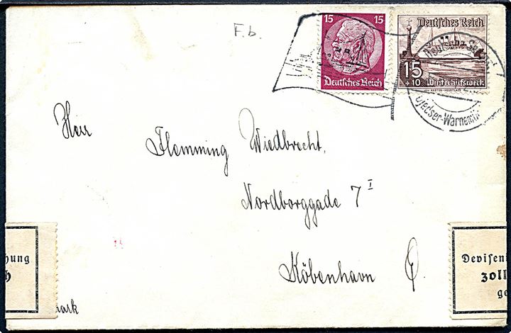 15 pfg. Hindenburg og 15+10 pfg. Winterhilfswerk på brev annulleret med tysk skibsstempel Deutsche Seepost Gjedser - Warnemünde F.b. d. 7.2.1938 til København, Danmark. Åbnet af tysk toldkontrol i Warnemünde.